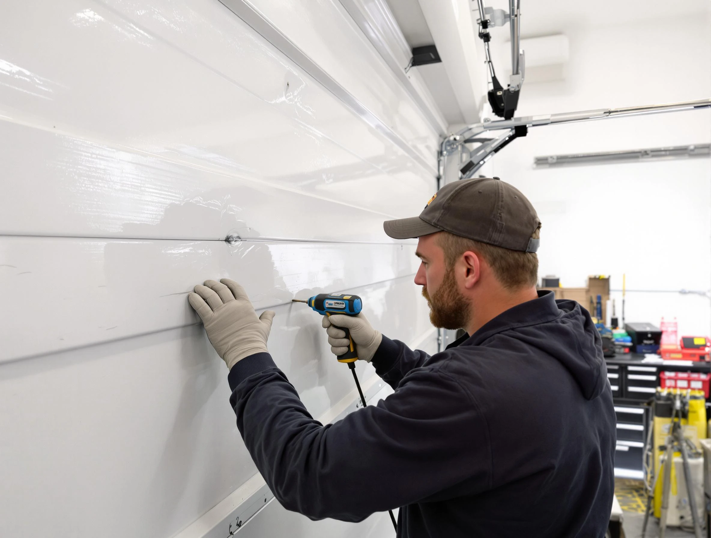 Cottonwood Heights Garage Door Repair technician demonstrating precision dent removal techniques on a Cottonwood Heights garage door